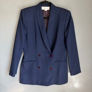 Vintage JONES NEW YORK Women's 6 Navy Blue Double Breasted Wool Blazer Retro